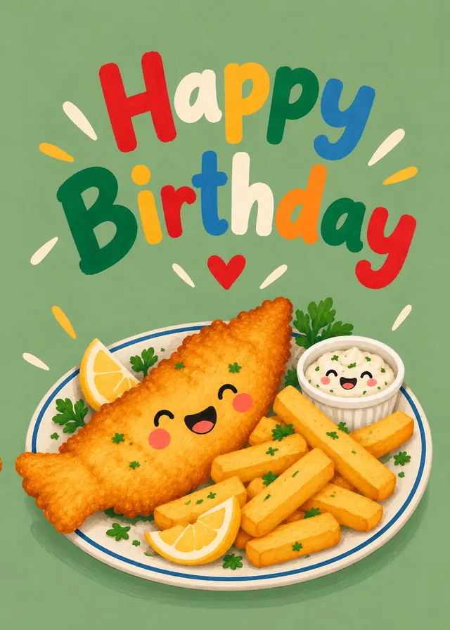 Happy Birthday, Fish and Chips on Green card